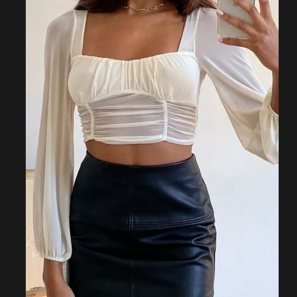 Lulu’s Ivory Ruched Love Me Crop Top w/ Long Bell Sleeves | Size XS - Picture 2 of 9